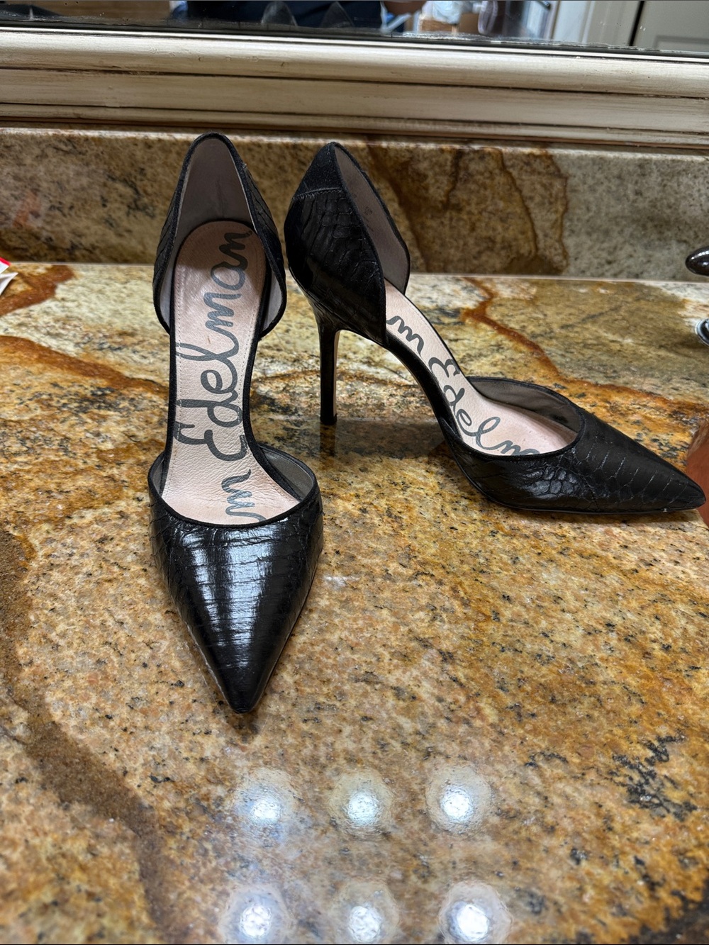 Sam Edelman Black Faux-Croc D'Orsay Pointed Stiletto Heels Size 8